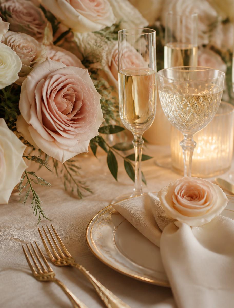 Blush garden roses, gold flatware and champagne glasses on an ivory linen celebration table